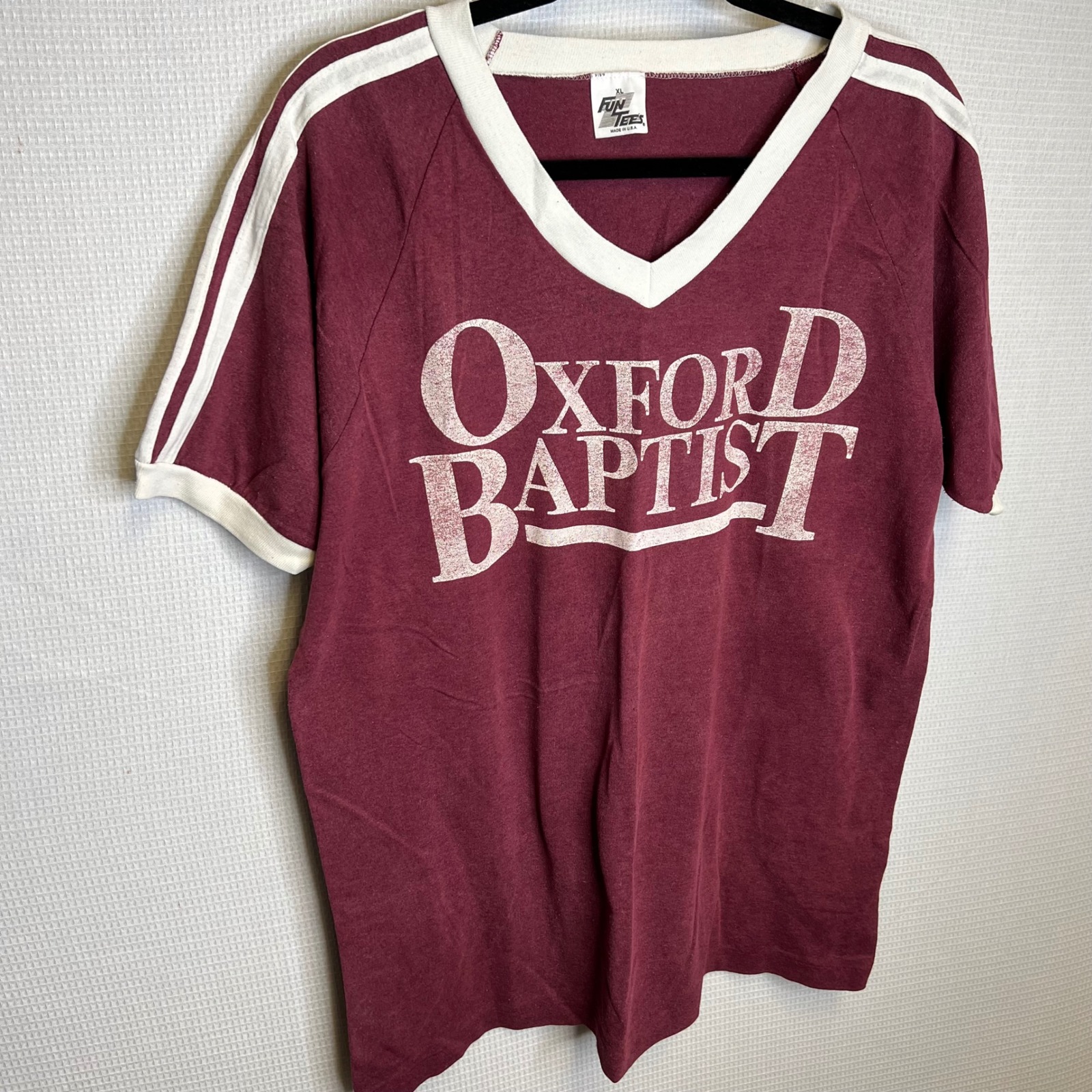 Vintage Fun Tees Oxford Baptist Ringer T Shirt Maroon Single Stitch Xl Usa 51